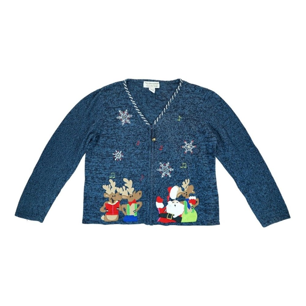 Vintage Tiara Ugly Christmas Sweater Cardigan Women’s XL Santa Rudolph Holiday